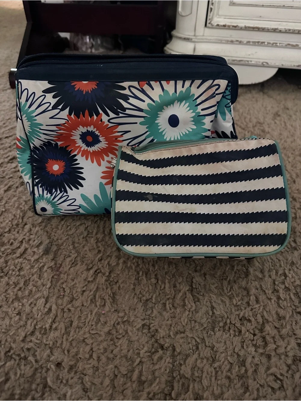 thirty-one Floral & Striped Cosmetic Bag Set in Navy, Teal and Coral